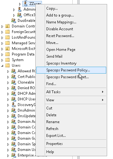Specops Password Policy ADUC Menü