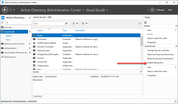 Active Directory Administrative Center - Enable Recycle Bin