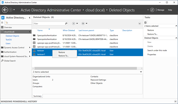 Active Directory Administrative Center  - Restore options