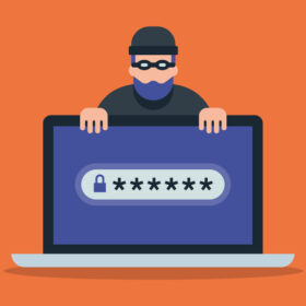 Illustration of laptop computer and cyber criminal looking for password
