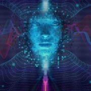 Mit AI/kI generiertes Gesicht und Stimme vor blauem Hintergrund